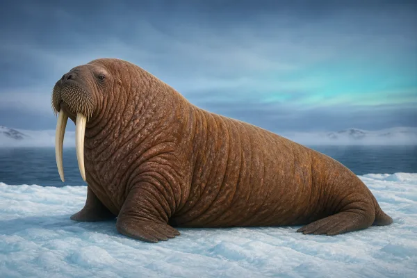 A walrus resting at the edge of an Arctic ice floe, its long pale tusks and dense bristly whiskers prominent against deeply wrinkled reddish-brown hide.